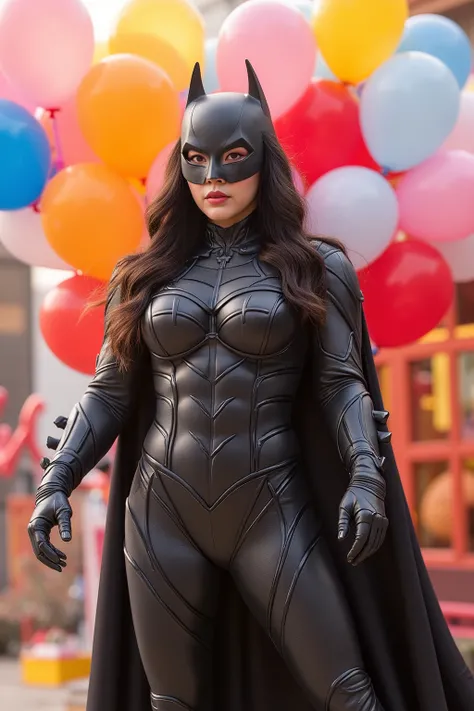 busty curvy super muscular korean female wearing batman rubber suit surrounded by balloons (cara excitada)