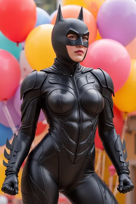 busty curvy super muscular korean female wearing batman rubber suit surrounded by balloons (cara excitada)