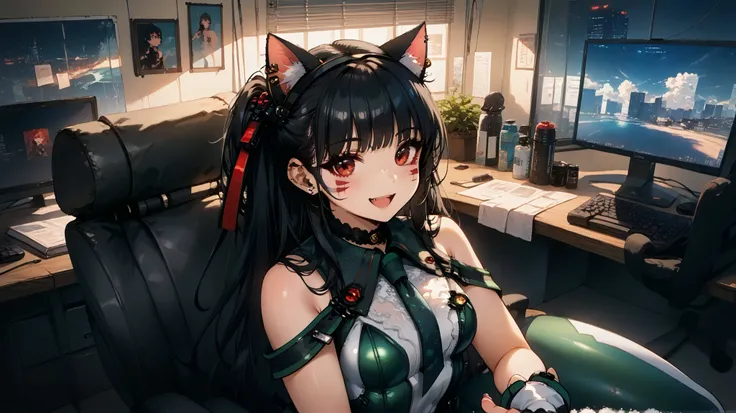 ((soap opera junkotvvxl, Black hair, Red Eyes, cat ears, adult, feminine, Black hair,  Red Eyes)), goth girl,alone, alone, Gothic aesthetics, , bodysuit, green bodysuit, white bodysuit, two-tone bodysuit, necktie, shocks, bare shoulders, skin tight, finger...