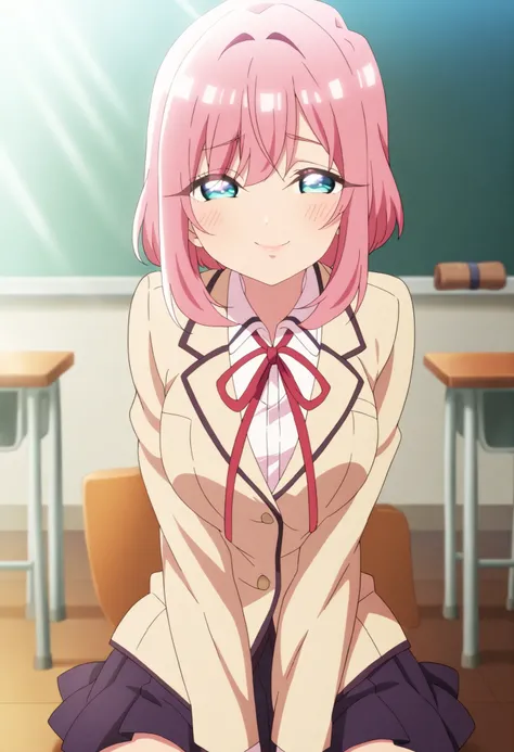 anime style, schoolgirl with short pink hair, soft smile, sitting in a classroom, warm sunlight, school uniform, mid shot, sweet expression, masterpiece, 2D clean anime style, sharp lines, vivid colors