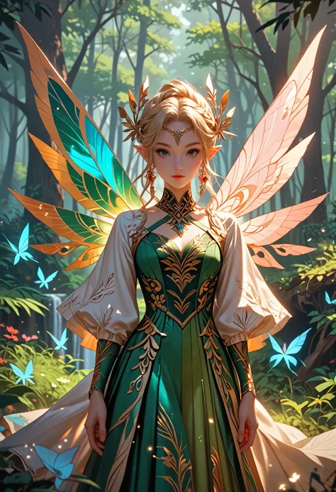 masterpiece ,best quality ,amazing quality, very aesthetic, absurdres, newest, anime coloring, 1 girl, Forest fairy, pointy ears, butterly wings, far shot, cinematic shot, cinematic lighting, in a majestic fantasy forest, magical, fantasy setting, glowing ...