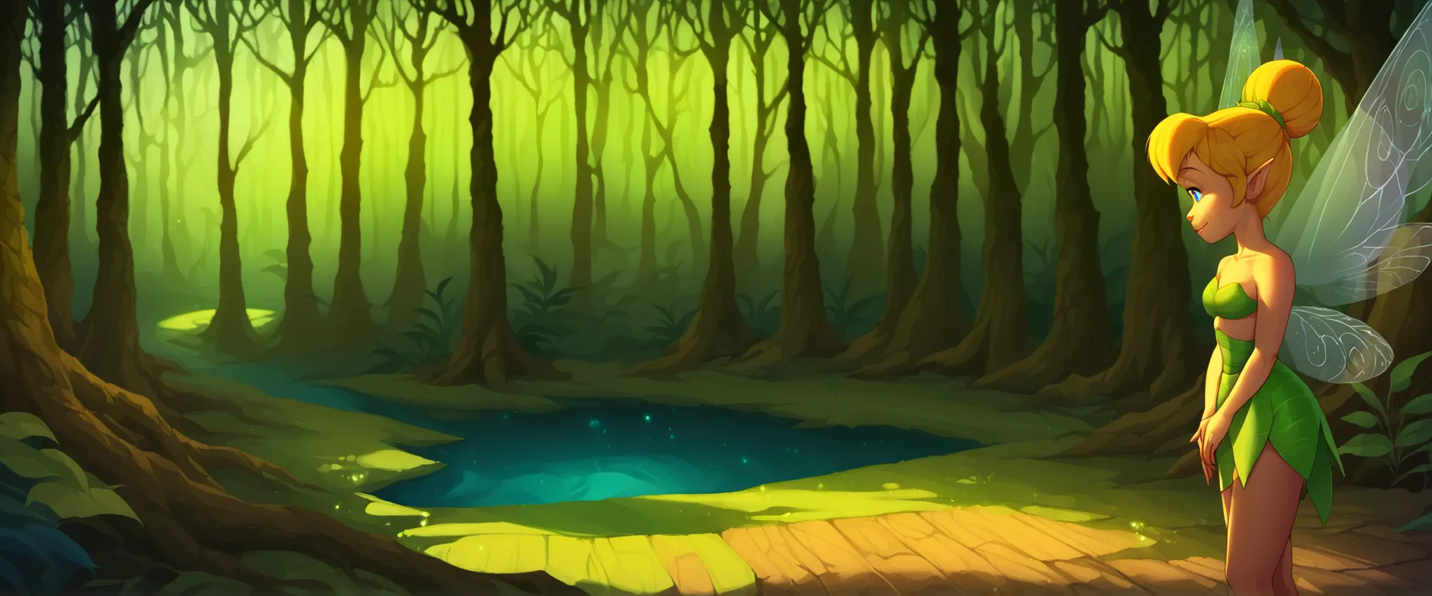 A young Tinkerbell warrior fairy resting in the middle of an immense forest, enchanted forest, night forest, magical forest, fairy forest, citadel in the trees, fairy citadel, fantasy citadel, citadel of warrior fairies, Warrior fairies around, fairies aro...