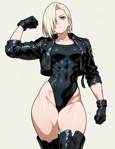 Beautiful woman in her 30s, blonde hair, long thin face, blue eyes, thin face, short hair, slicked back, emo bangs falling over one eye (Yamanaka Ino bangs), tall athletic woman, black swimsuit (one-piece), elbow pads, black gloves and boots, black jacket,...