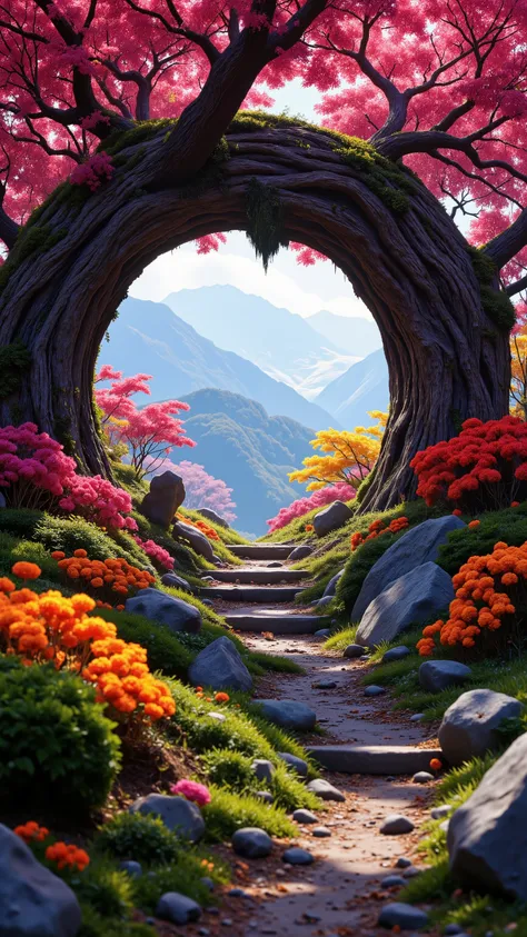 highdefinition images , Mysterious forest where colorful magical beings hide in branches, 8k,Beautiful colorful flowers々 Forest with high-quality giant trees blooming red 、 a forest believed to be inhabited by fairies 、Snowy mountains in the background