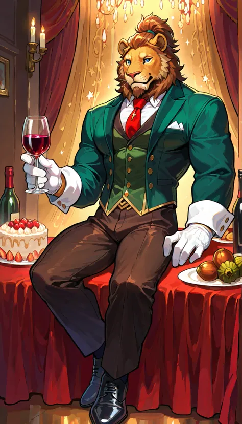 Cornelius hosts an amazing dinner party with a huge fancy spread fit for a king.  Glorious beautiful dishes adorn the long fancy table presented to a dining hall filled with fancy dressed Eorzean people of various races.  BREAK, 1boy, Cornelius the Horthga...