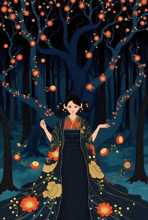Woman in kimono standing in dark forest、pigtails、golden eyes、black hair、encircling tree々Vines、Multiple wisps floating around、一貫して pattern化された作品、Projected Shadows、 minimalism、Brilliant Color Palette、deep blue and vermilion color scheme、Dark Fantasy Illustra...