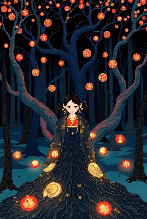 Woman in kimono standing in dark forest、pigtails、golden eyes、black hair、encircling tree々Vines、Multiple symbols floating around、一貫して pattern化された作品、Projected Shadows、 minimalism、Brilliant Color Palette、deep blue and vermilion color scheme、Dark Fantasy Illust...