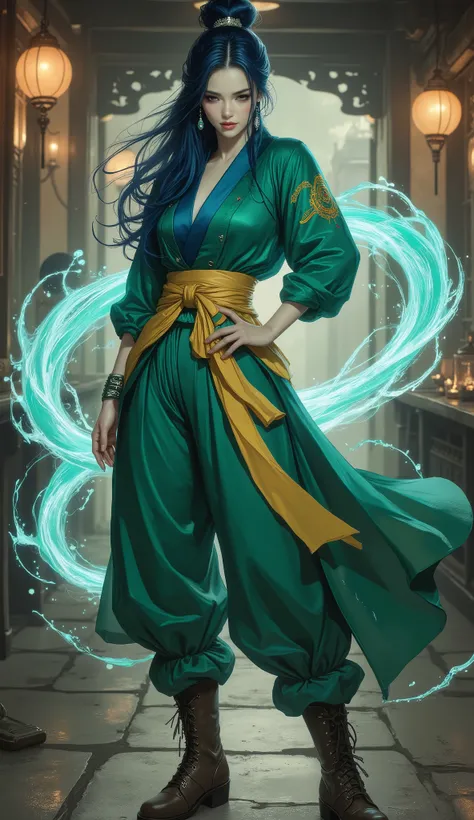 Masterpiece, award-winning fantasy illustration. A tall young wuxia heroine, exuding an aura of arrogant pride, strikes a dramatic pose inside an ancient, lantern-lit Chinese tavern. One hand rests on her hip, her posture radiating unyielding confidence. S...