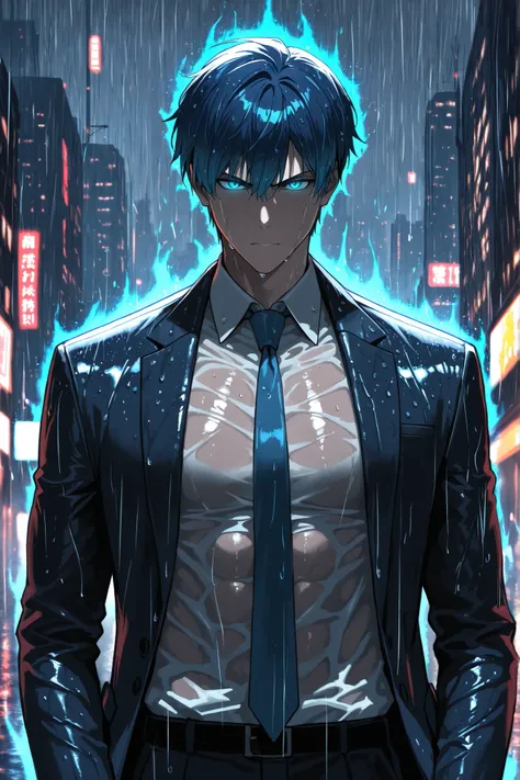 best quality, masterpiece, newest, absurdres, 1boy, male focus, toned, blue hair, short hair, detailed eyes, dark blue eyes, glowing eyes, business suit, necktie, upperbody, solo, looking at viewer, rain, wet, neon skyline, distant background, angry, aura