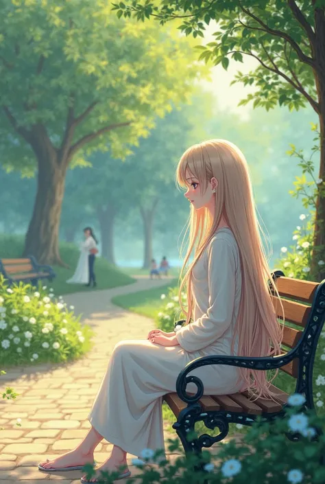 Beutiful and long hair girl sitting a park chair in taking break with free . Anime image