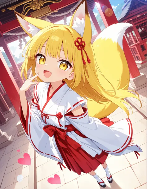 (masterpiece, top quality), (colorful),one person, fox ears,foxtail,Yellow Long Hair,Yellow Eyes, best smile,open your mouth,heart background,Shrine Maiden,Shrine Maiden服, super precise illustration, detail , dynamic angle, Beautiful details, 8k, (high res...