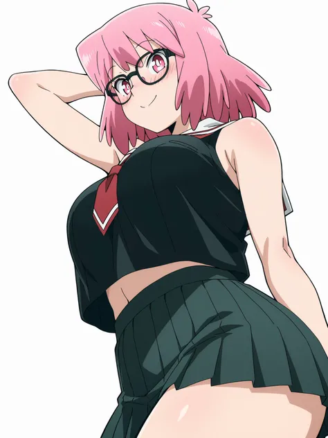 masterpiece, best quality, amazing quality, anime screencap, anime coloring, 1girl, solo, pop-step, pink hair, glasses, school uniform, medium hair, black-framed eyewear, pink eyes, black shirt, serafuku, pink eyes, sleeveless, bare shoulders, bare arms, a...
