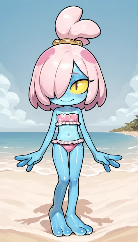 score_9, score_8_up, score_7_up, 1girl, solo, m4ddi3fl0ur, frog girl, pink hair, hair over one eye, topknot, slit pupils, yellow sclera, half close eyes, blue skin with light blue chest, frog tail, four fingers, short body, tiny body, ((pink bundeau strapl...