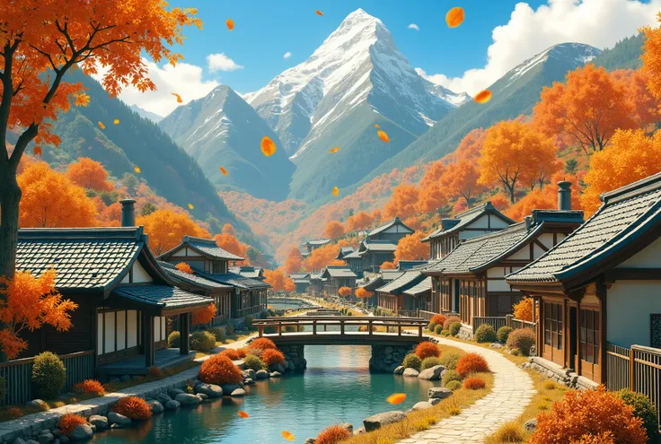 Studio Ghibli-inspired Japanese mountain village in autumn, warm lighting and peaceful scenery