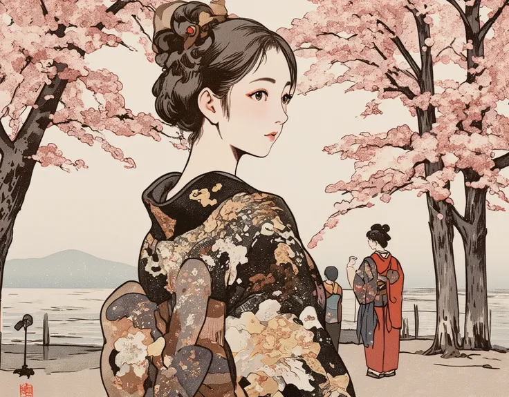 Ukiyo-e style collage art of women wearing yukata.  Japanese scenic cherry blossom forest background in female silhouette.   Japanese cherry blossom design pattern background  .