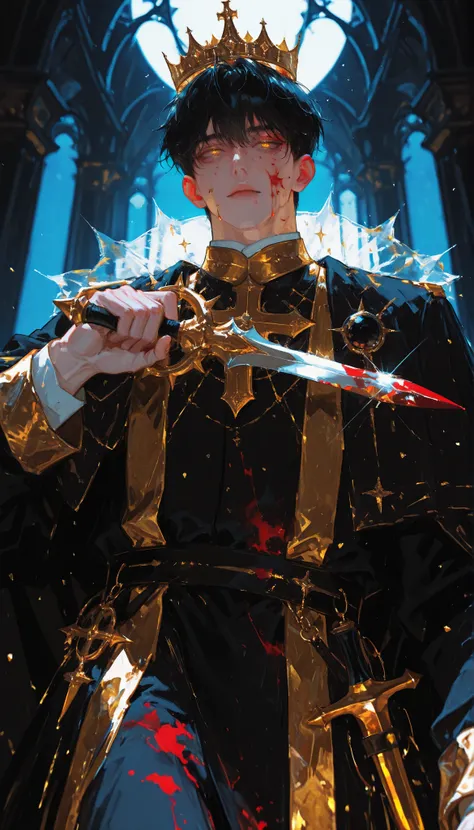 hyper-detailed, ultra-high-definition, luminescent, (1man, solo, alone), handsome, black hair, short hair, gold eyes, moonlight background, moonlight filtering through the dust-filled air, semi-realism manhwa, crown, (king, holding jeweled dagger: 1.3, blo...