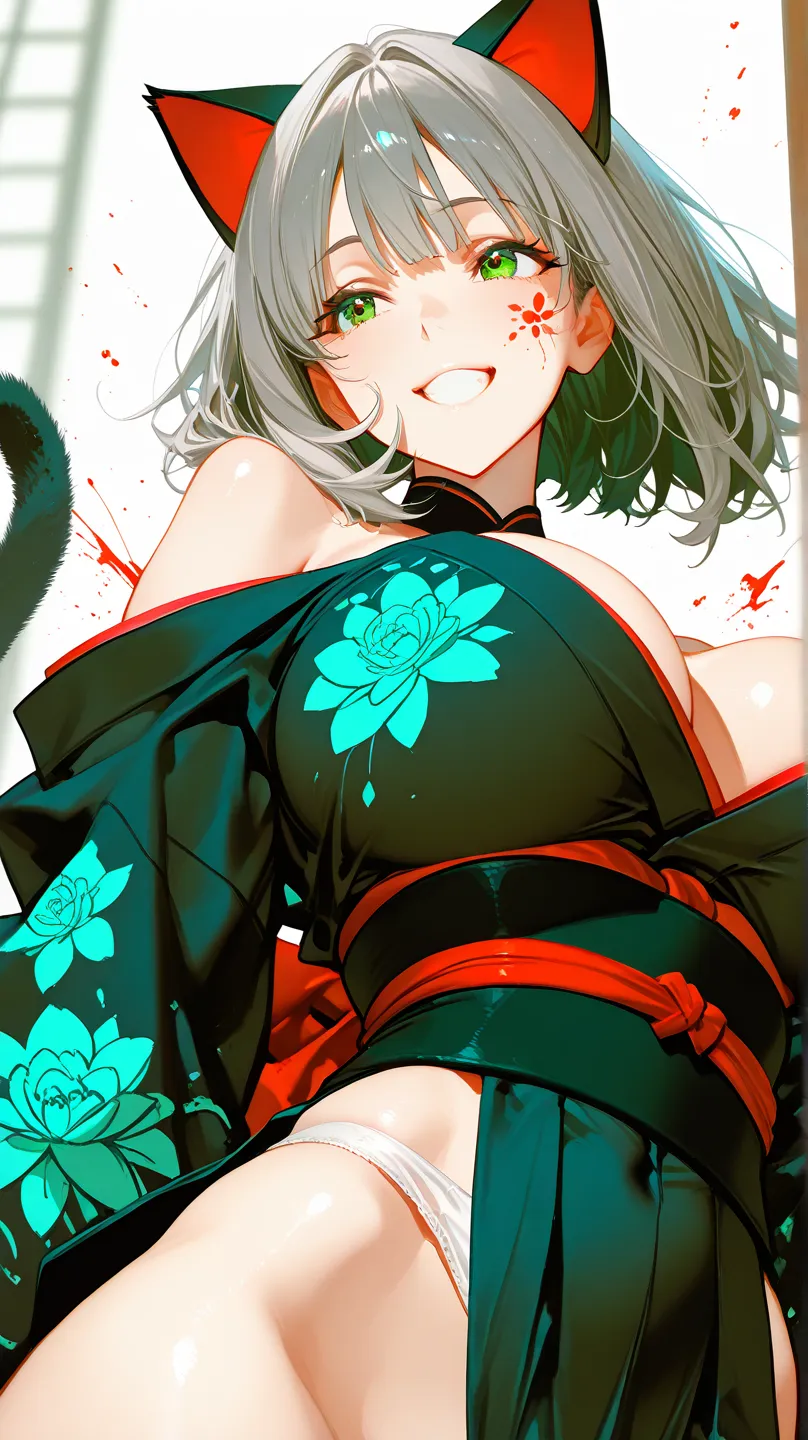 1girl, Tilted Head, , straight hair/tight to fit,bob hair/// hair above eyes, Red Eye, Kimono, off shoulder, , Subject Focus, Complementary Color, abstract, splatter, splash art, action motion, simple background, masterpiece, High Quality, 最High Quality, high resolution//Has perfect beauty、A full-body portrait of an elegant anime cat woman, Smooth gray hair  , and striking green eyes , スタイリッシュな現代風のKimonoに金の刺繍、And the cat's tail that can be seen from behind, / graceful, playful, and gentle smile, delicately decorated cat ears, perfect face, very exquisite facial features, extremely clear eye details, shrug your shoulders//Kimonoを脱ぐ//肌けたKimono/ very exposed /shrug your shoulders/I took off more than half//simple blurry background, from below, 彼女は32k解像度の現代的なKimonoを着ています, High Quality, masterpiece.Big breasts/Disconnect/////panties/floats in the air/pulls his panties aside //sight// see here//viewers//Beautiful Eyes//