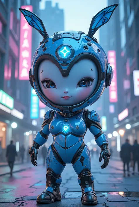 (wide angle:1.5),photorealistic portrait of Dressed animals - a ((fat)) (chibi) ( blue bee)female cyber agent,(art by Simon Bisley),(happy smile:1.5),(),high quality,(lovely) ,intricate detailed cyber bodysuits, highly detailed (cyberpunk Fashion),(wearing...