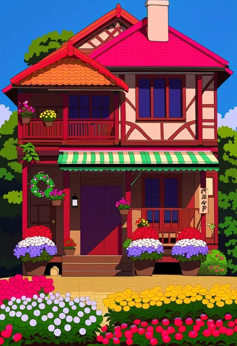 A cute house made of sweets and flowers、There is a round square in the foreground