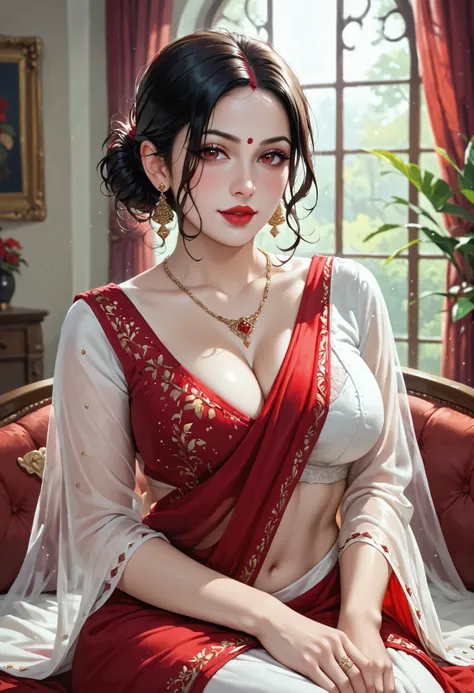 Hot milf, (red eyes), red lips, wide lips, (((white skin))), (black hair), curly hair, bun hairstyle, ((two strands framing her face, adding a touch of softness to her striking features)). She has exquisite caucasian features, red mark on forehead, forehea...