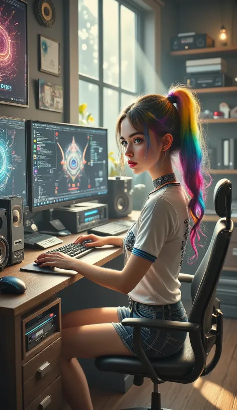 In a cozy, Stylish computer design, A young woman is sitting at her desk, Accommodates two large monitors and peripherals such as keyboards, A mouse, and a console.  light warm , ， Sunshine through the window , ，Radiating soft shadows and illuminating wood...