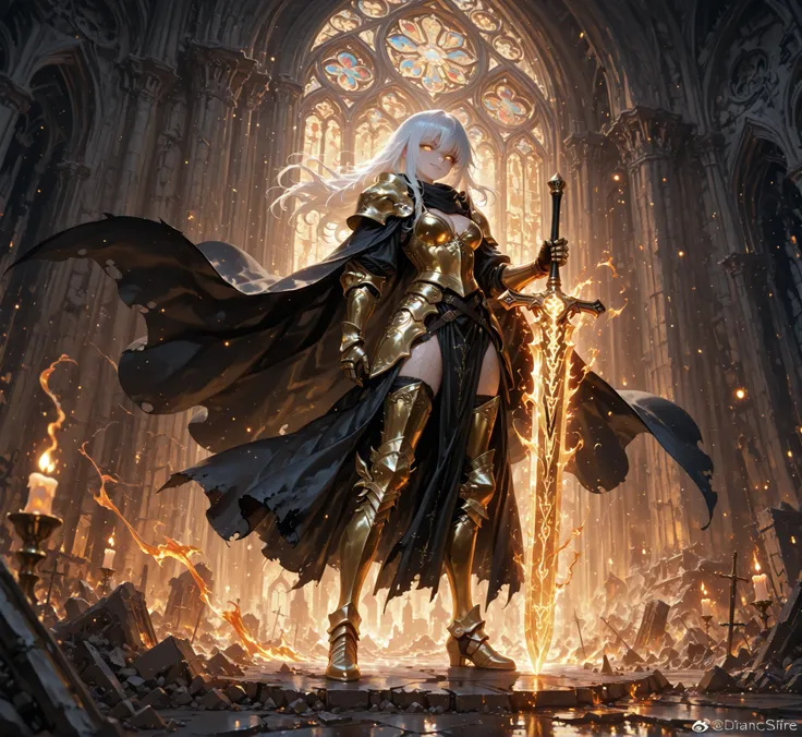 (masterpiece), (best quality), ultra-detailed, 8K, 4K, full-body standing portrait, anime female holy knight, white-haired, golden armor, glowing eyes, black cloak fluttering, glowing sword, stained glass background, cathedral ruins, intense expression, ci...