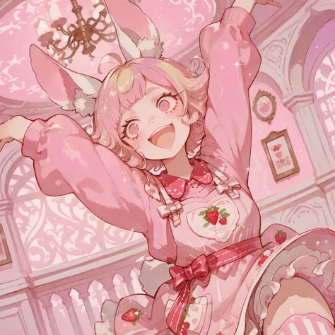 (((face, portrait,))) dutch angle, big smile, open mouth, hands in air, stretching arm, dancing, waving, 1 femboy, flat chest, white bunny ears, bunny tail, curly hair, ringlets, flipped hair, strawberry blonde hair, (broad shoulders), (((tall))), super-sh...