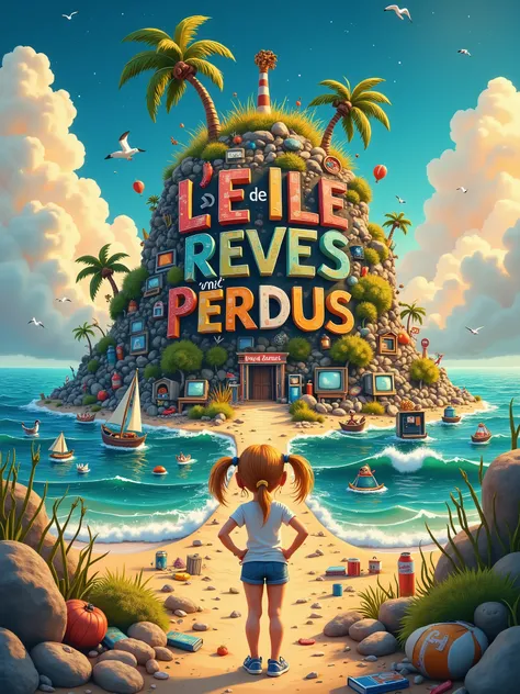 A highly detailed, whimsical, vibrant illustration poster featuring the title: “L'ILE des REVES PERDUS” made in recycled waste, garbage and damaged letters in a grunge, gross, cartoon font, this title on top of polluted island hill made of some colored tra...