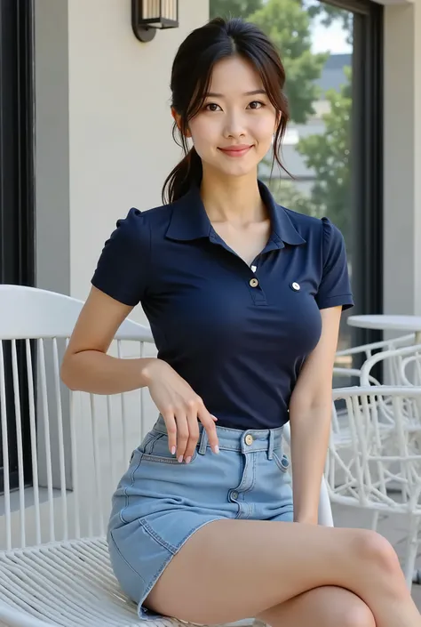 (A beautiful mature Japanese woman, 35 years old),
(A well-defined oval face, glossy lips),
((Short, straight black hair in a ponytail)),
((Slender figure, small waist, beautiful bust)),
((Dark blue short-sleeved polo shirt, light blue tight miniskirt),
(S...