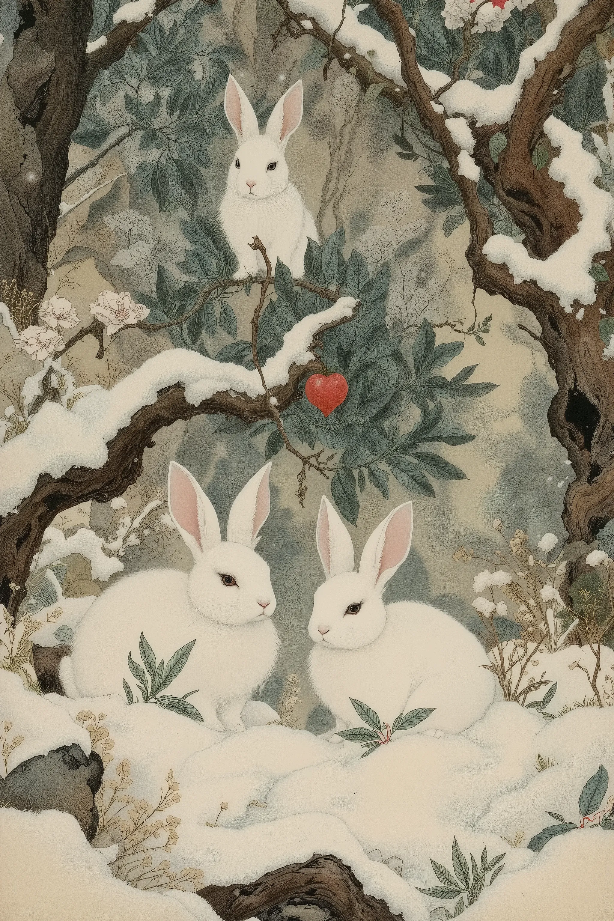 a few snow rabbits,white rabbits,Rabbit Hole,nohuman,wide shot,falling snow,landscape background,trees,branch,winter,snow,forest,day,day light,dynamic pose,dynamic angle,natural lighting,vivid color,ito jakuchu,nihonga,sumi-e