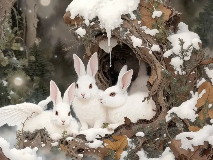 a few snow rabbits,white rabbits,Rabbit Hole,nohuman,wide shot,falling snow,landscape background,trees,branch,winter,snow,forest,day,day light,dynamic pose,dynamic angle,natural lighting,vivid color,ito jakuchu,nihonga,sumi-e