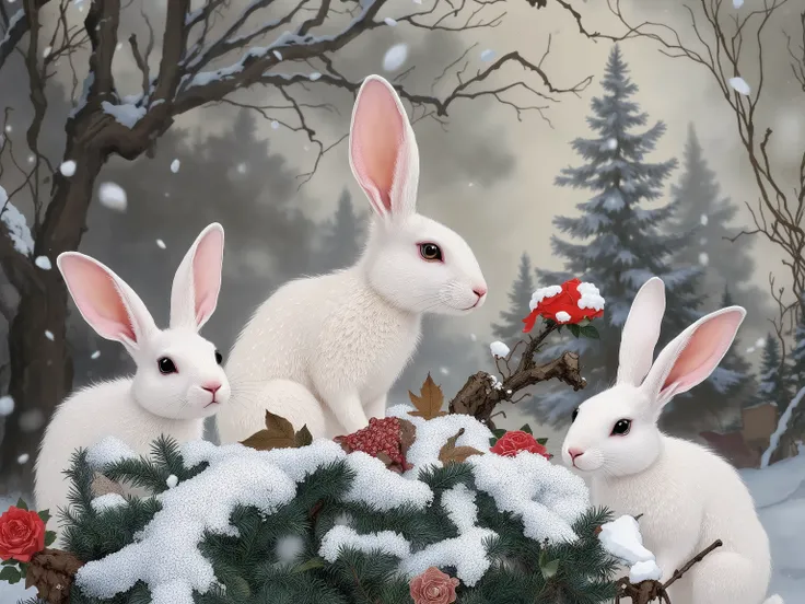 a few snow rabbits,white rabbits,Rabbit Hole,nohuman,wide shot,falling snow,landscape background,trees,branch,winter,snow,forest,day,day light,dynamic pose,dynamic angle,natural lighting,vivid color,ito jakuchu,nihonga,sumi-e
