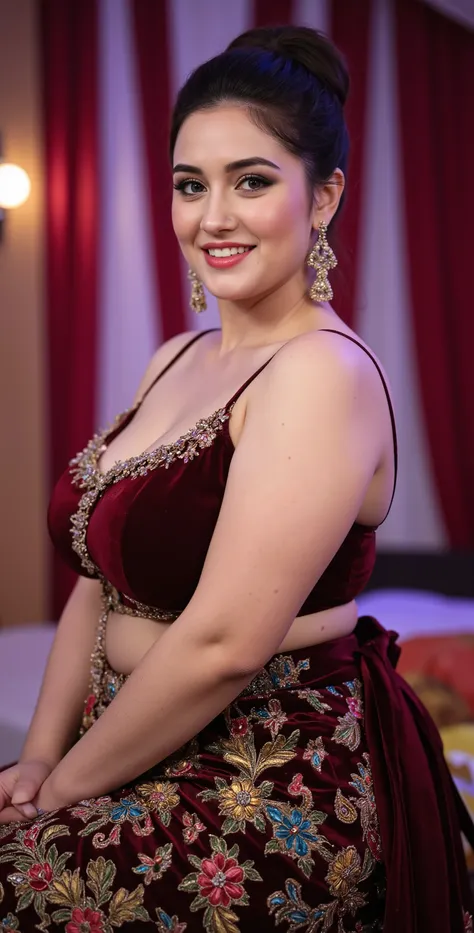 40y old curvy woman, studio photoshoot, festive settings, thick body, voluptuous figure, thick arms, broad shoulders, wide shoulders, designer lehenga, velvet choli with embroidered work, thin spaghetti shoulder straps, ample bust, deep neck, full breasts,...