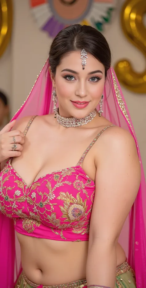 40y old curvy woman, studio photoshoot, festive settings, strong thick body, voluptuous figure, strong thick arms, broad shoulders, strong shoulders, toned shoulders, vibrant coloured organza designer lehenga, choli with pink embroidered work, transparent ...