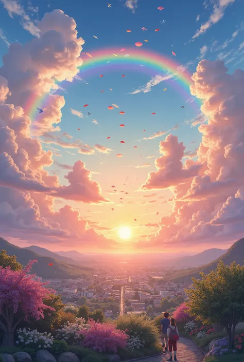  Rainbow 色の傘、Angel Umbrellas , detailed landscape, Sunrise,  Rainbow , 雨のTown, Horizon,  in the sky, Town , Lens Flare, colorful, An atmosphere full of dreams and hopes，masterpiece．16 kg, super high resolution, Being born,amazing ,Future、 Rainbow 色の、The Wo...