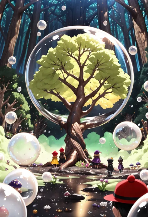 masterpiece, best quality, ultra-detailed, very aesthetic, absurdres, miniboys, red hats, (purple small mushrooms:0.9), yellow large spores, dark forest, trees, green colored fog, (multiple white bubbles:1.3), green gradient background, darkness, night,