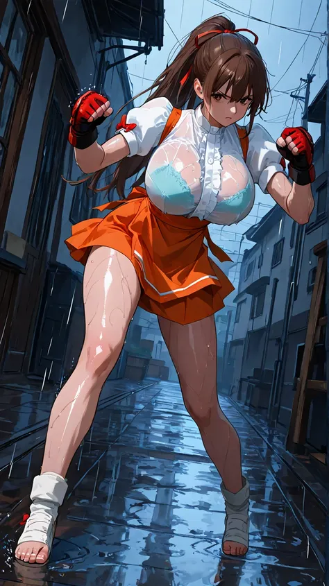  score_9,  score_8_ up,  score_7_ up,  score_6_ up,  score_5_ up, 1girl, Vg_Floor,brown eyes in the bedroom, brown hair, long hair, high ponytail, hair ribbon, red ribbon, gloves, waitress, puffy short sleeve, white shirt,  orange skirt, Big Breasts,martial arts,Outdoors,Game,There is an audience,rain, Moody Lighting, punching, clenched hands,Iron Fist , And I'm not wearing a bra,full body,  perfect angle,beautiful color, perfect configuration,  perfect skin, dynamic pose, Powerful ,Sweaty skin,  clothes are transparent, 1boy,  beaten boy