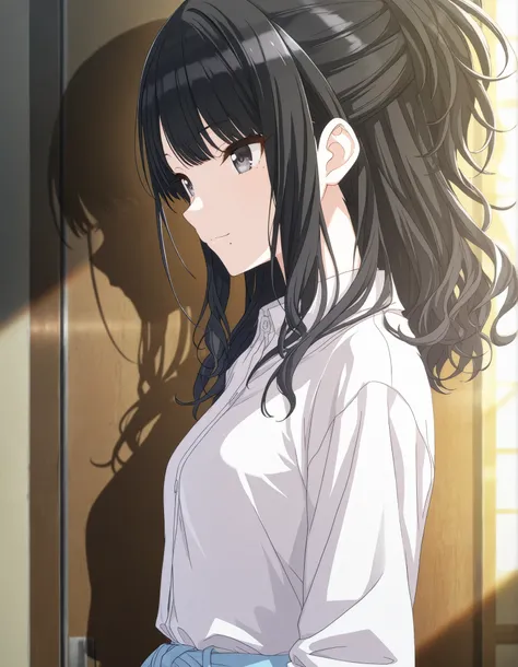 (masterpiece),(best quality),(ultra-detailed),(best illustration),(best shadow),(absurdres),(detailed background),(very aesthetic),hiori kazano, , 1girl, solo, long hair, bangs, black hair, black eyes, tsurime, ponytail, medium hair, mole, mole under mouth...