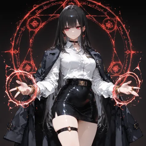 ((best quality)), ((masterpieces)), (detailed), Perfect face, SOLO, ((1 girl)), ANIME, beautiful detailed eyes, long hair, long straight hair, black hair, RED EYES, BARE thighs, (((BARE LEG))), ((black tight-fitting Mini office skirt)), (((dress shirt))), ...