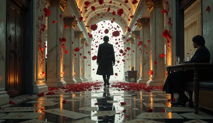 A hyper-realistic, high detail cinematic horror scene shot from a low side angle at dusk. A 38-year-old Latino man with black wavy hair, black-rimmed glasses, and a short beard walks slowly through a long, dim hallway of broken marble and glass. He wears a...