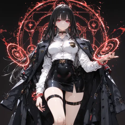((best quality)), ((masterpieces)), (detailed), Perfect face, SOLO, ((1 girl)), ANIME, beautiful detailed eyes, long hair, long straight hair, black hair, RED EYES, BARE thighs, (((BARE LEG))), ((black tight-fitting Mini office skirt)), (((dress shirt))), ...