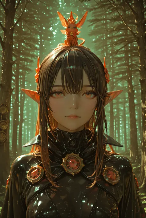 elf girl in a latex suit and cape holding a military magic bow and arrows, Forest Landscape, magical beasts, high quality, detailed elaboration, photorealistic visualization, portrait, fantasy genre,  digital art , Illustration, high detail, deep contrasts...