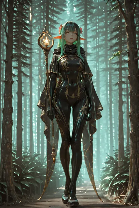 elf girl in a latex suit and cape holding a military magic bow and arrows, Forest Landscape, magical beasts, high quality, detailed elaboration, photorealistic visualization, portrait, fantasy genre,  digital art , Illustration, high detail, deep contrasts...