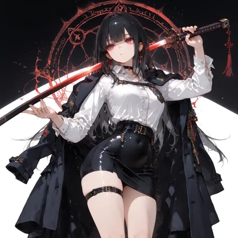 ((best quality)), ((masterpieces)), (detailed), Perfect face, SOLO, ((1 girl)), ANIME, beautiful detailed eyes, long hair, long straight hair, black hair, RED EYES, BARE thighs, (((BARE LEG))), ((black tight-fitting Mini office skirt)), (((dress shirt))), ...