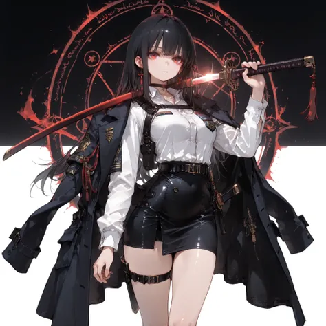 ((best quality)), ((masterpieces)), (detailed), Perfect face, SOLO, ((1 girl)), ANIME, beautiful detailed eyes, long hair, long straight hair, black hair, RED EYES, BARE thighs, (((BARE LEG))), ((black tight-fitting Mini office skirt)), (((dress shirt))), ...