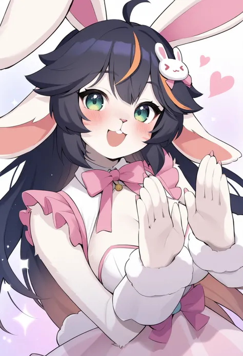 masterpiece, best quality, ultra-detailed, absurdres, furry, 1girl, apricot \(vshojo\), (bunny girl:1.2), (v sign (both hands):1.3), cute face, big smile, blush, looking at viewer, (long fluffy bunny ears:1.1), white bunny ears, small bunny tail, long blac...