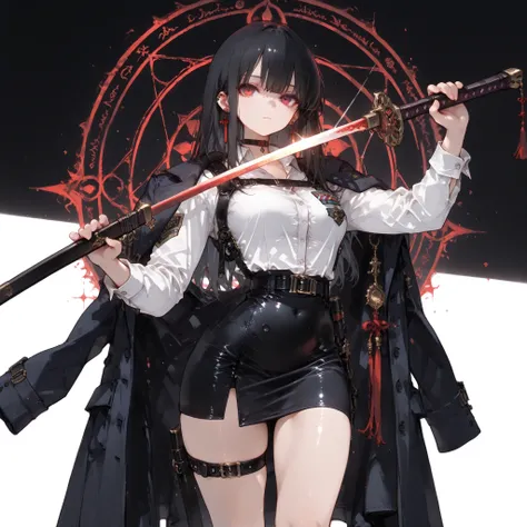 ((best quality)), ((masterpieces)), (detailed), Perfect face, SOLO, ((1 girl)), ANIME, beautiful detailed eyes, long hair, long straight hair, black hair, RED EYES, BARE thighs, (((BARE LEG))), ((black tight-fitting Mini office skirt)), (((dress shirt))), ...