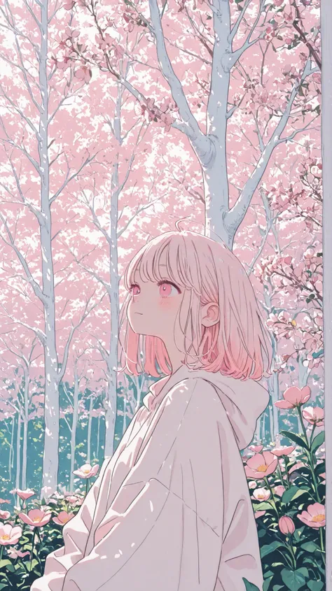 white森の中で 、 pale pink flowers , very light pink flowers in the white forest, white、Eye Catching、cute woman, beautiful scenery、The 、Wallpaper、amazing background、 everything is in harmony 、pastel color、pale color