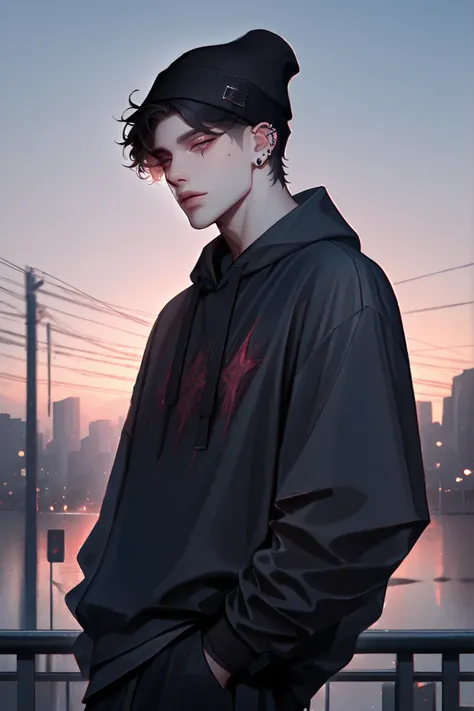 1boy, male focus, gothic male, black hair, piercings, beanie, masterpiece, best quality,absurdres , digital art style, drawn aesthetic, concept painting, ultrahigh definition,masterpiece, best quality, amazing quality, newest, very aesthetic,