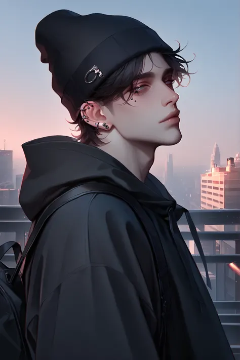 1boy, male focus, gothic male, black hair, piercings, beanie, masterpiece, best quality,absurdres , digital art style, drawn aesthetic, concept painting, ultrahigh definition,masterpiece, best quality, amazing quality, newest, very aesthetic,